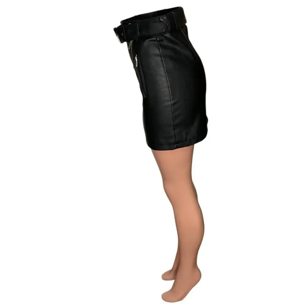 Forever 21 Black Faux Leather Mini Skirt Asymmetrical Zipper Belted Waist Size S